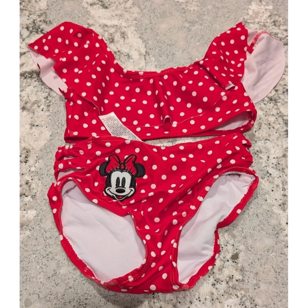 Minnie Mouse 2pc Bikini Swimsuit Disney Store Red Girls Poka Dots Size 5/6